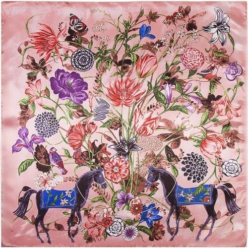 New Womens Silk Scarf Fashion Pink Carriage Flower Pattern Digital Print big Square Silk Shawl hight qualiy Headdress headScarf