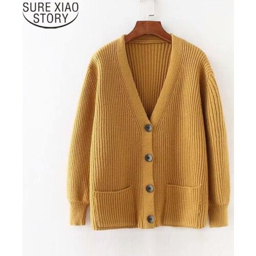 Single Breasted Casual Cardigan Solid V-neck Knitted Sweater Women Cardigan Winter 2021 Loose Knitwear Outwear Jacket 10866