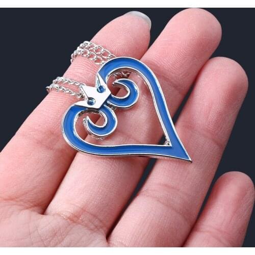 SG Fashion Jewelry Kingdom Hearts Crown Blue Heart-shaped Necklaces Hangers Link Chain Necklace For Lovers Men Women Gift