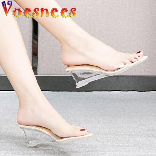 Voesnees High-heeled Women Shoes Female Transparent Wedges Slippers 2021 Summer New Wild Non-slip High Heels 6cm Ladies Slides