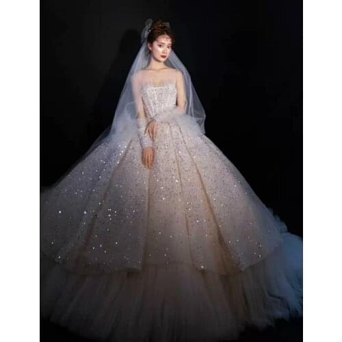 Sparkle Princess Wedding Dress For Women 2021 Plus Size Bridal Dresses Ball Gown Long Sleeve Lace Up Back Vestido De Noiva