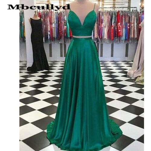 Mbcullyd Dark Green A-line Prom Dresses 2020 New Open Back Sexy Two Pieces Evening Dress Long Sweep Train vestido de festa longo