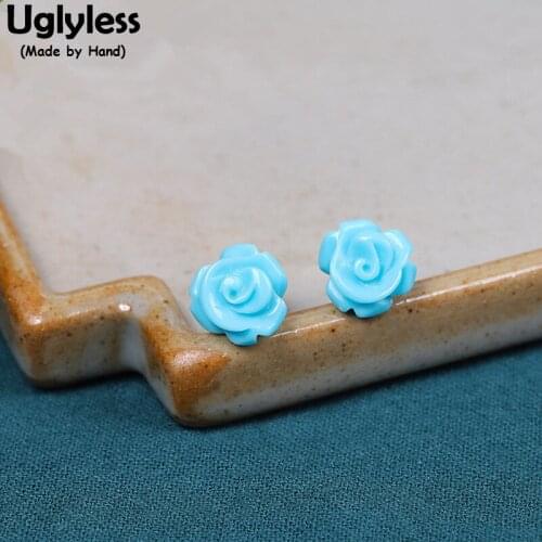 Uglyless Natural Turquoise Rose Studs Earrings for Women Gemstone Floral Earrings 925 Sterling Silver MINI Flower Brincos Bijoux