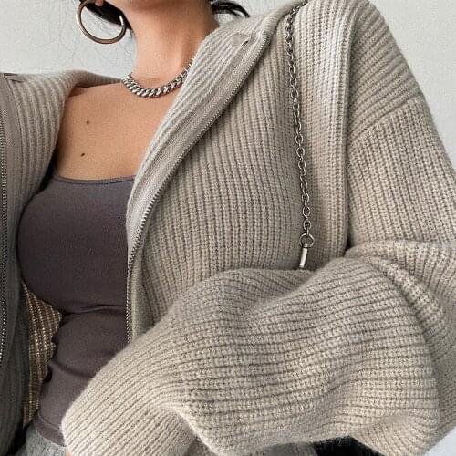 WOMENGAGA Winter Streetwear Long Sleeve Loose Hooded Sweater Women European Casual Large Size Knitting Zipper Cardigan NKYP