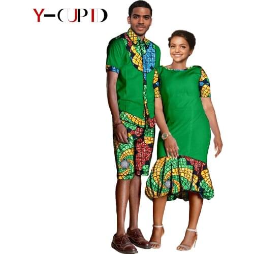 African Clothes for Couple African Dresses for Women Loose Mermaid Dress Men`s Casual Shirt and Half Pants Print Outfits Y21C016