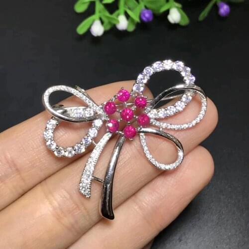 Natural red ruby gem Lovely bowknot brooch S925 silver Natural gemstone brooch Pendant trendy women wedding party gift jewelry