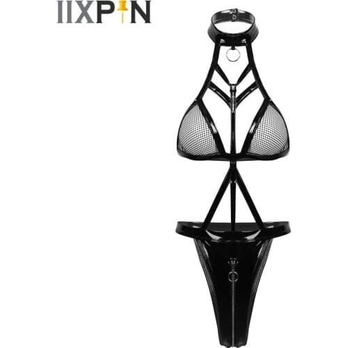 Womens Erotic Hollow Out Fishnet Cups Patent Leather Lingerie Bodysuit Sexy Zippered Crotch Thong Leotard Bodysuit Sexy Clubwear