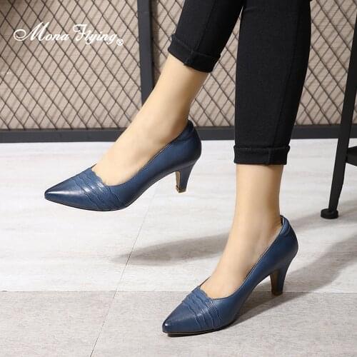 Mona Flying Women Leather Pumps Comfort Fashion Hand Made Shoes Pointed Toe High Heels for Office Party Ladies 2020 New G168-9