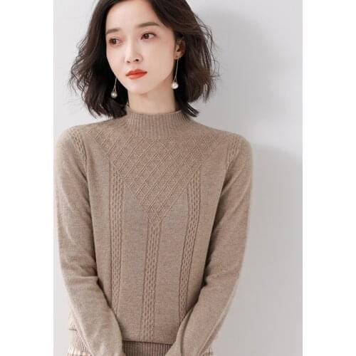 Ladies pullover winter new casual solid color 100% wool sweater plus size half high neck cashmere sweater thickened womens top