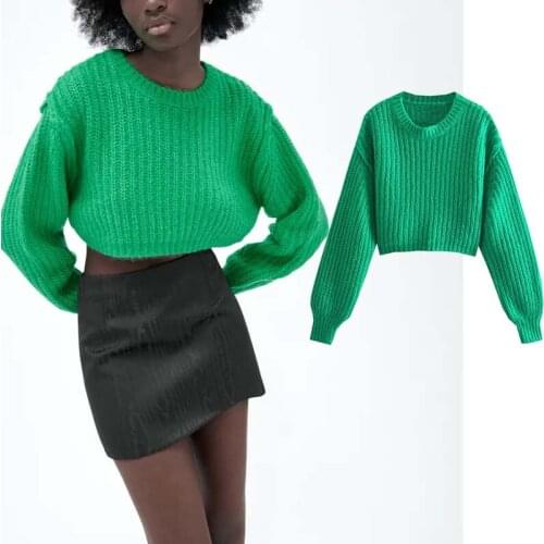 Klkxmyt Za Women Sweater 2021 Fashion Green Loose Crop Knitted Sweater Woman Vintage O Neck Long Sleeve Pullovers Chic Tops