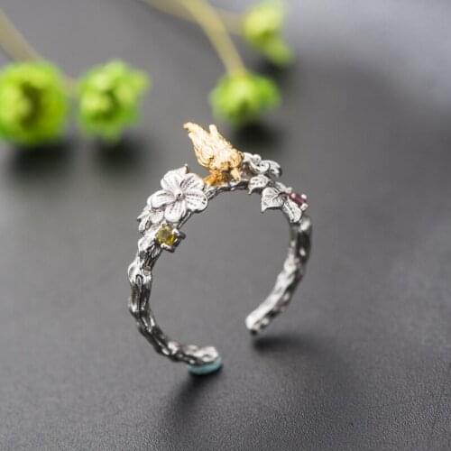Retro Thai Silver New Womens Ring Diy Mosaic Tourmaline S925 Sterling Silver Jewelry Bird Open Ended Ring Jewelry Wholesale