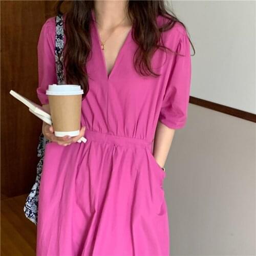 Lady Solid V-Neck Oversize 2021 Femme Korean Streetwear Vestidos Gentle New Summer Hot Sale Slim Elegance Women Long Dresses