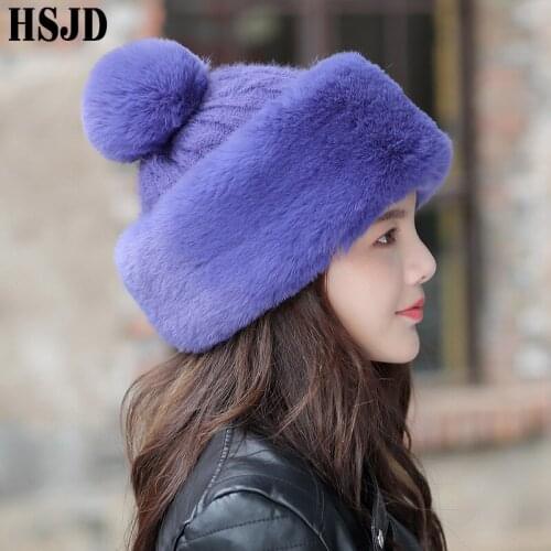 Winter Beanie Hat Neck Warmer Rabbit Hair Women Knitted Hats Plush Lining Thick Warm Knit Skullies Bonnet Female Cap Ski Russian