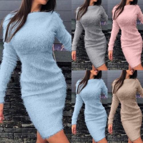 2020 Newest Autumn Women Dress Plus Size 3XL Solid Color Long Sleeve Sweater Fluffy Kee-length Bodycon Dress Warm Clothes