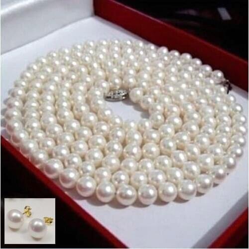 36inch 8-9mm AAA round Akoya white cream pearl necklace earring set