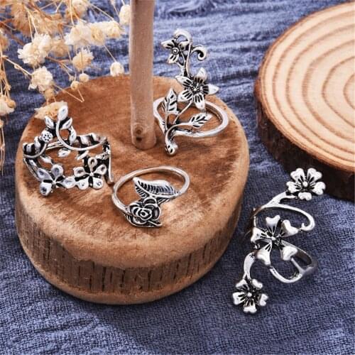 4PCS/Set Leaf Flower Ring Set Vintage Antique Forest Vine Carved Punk Midi Finger Ring Women Bohemian Jewelry Adjustable