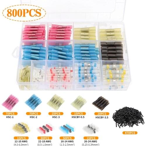 800pcs Waterproof Solder Heat Shrink Butt Crimp Terminals Seal Electrical Butt Connectors Wire Cable Splice Terminals Kit