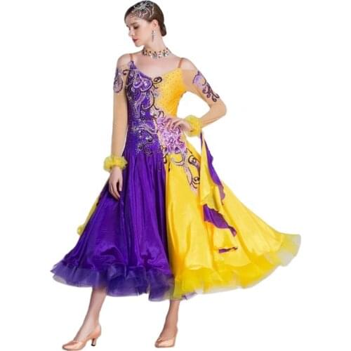 B-18115 Custom Yellow Mosaic Purple Pearl Silk Ballroom Performance Dress Hot Sale Applique Ballroom Competition Dress