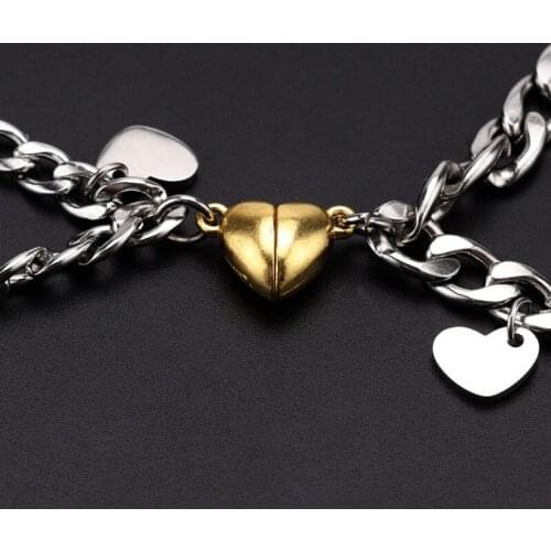 E56A Gold Heart Charm Pendant Magnet Bracelet Titanium Steel Bracelets Jewelry for Couples Lovers Men Women Best Friend