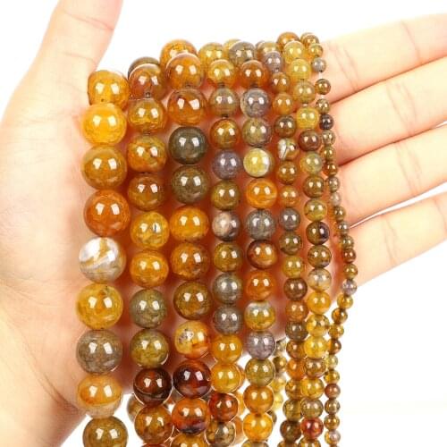 Natural Stone Beads Yellow Dragon Pattern Agate Round Loose Beads for Jewelry Making Needlework Bracelet DIY 4-12 MM