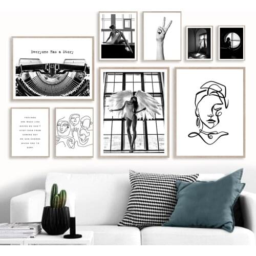 Black White Angel Wings Girl Face Line Wall Art Canvas Painting Nordic Posters And Prints Wall Pictures For Living Room Decor