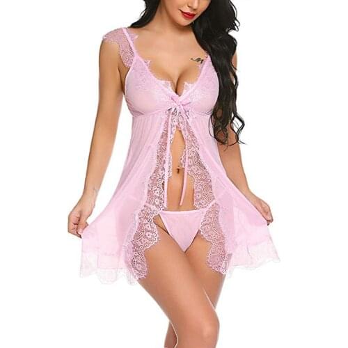 Erotic Sexy Sleepwear Dress Women Floral Lace Porno Lingerie Set Plus Size Mesh Sheer Sexy Underwear Nightgown Babydoll Lenceria