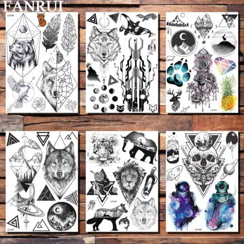 FANRUI Realistic Geometric Wolf Inbox Temporary Tattoo Sheets Sticker Triangle Skull Small Black Fake Tatoo Body Art Arm Animals