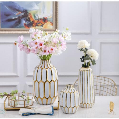 Ceramic Vase White Geometry Gold Stripes Flower Arrangement Hydroponic Accessories Wedding Ceramic Crafts Modern Home Decoration