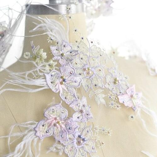 1Yard Luxury Feather Beading Embroidery Lace Fabric Cloth Wedding Dress Ribbon Trim DIY Sewing Lace Edge