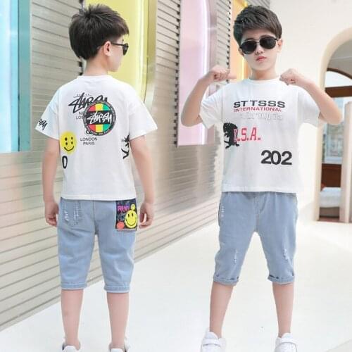 Summer Boy Clothing Set 2pcs 2021 New Fashion Letters Printed Short Sleeve O-Neck 4-14T Boys Clothes White Black