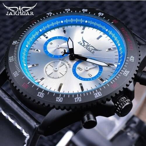 Jaragar Sport Racing Design Black Genuine Leather Blue 3 Dial Army Mechanical Mens Automatic Wrist Watch Top Brand Luxury Clock