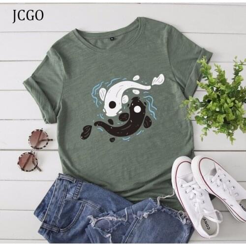 JCGO Fashion Summer T Shirt Women 100% Cotton Fishes Print Plus Size S-5XL TShirts O-Neck Short Sleeve Vintage Casual Tee Tops