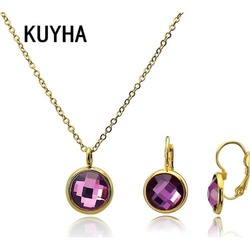 New Design Choker Earring Purple and Gold Mens Round Crystal Pendants Necklace Fashion Collar Bar Statement Jewelry Set