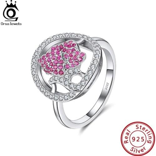 ORSA JEWELS 925 Sterling Silver Rings Hollow Out Rose Design AAAA Zirconia Ring Trendy Jewelry For Girls Anniversary SR228