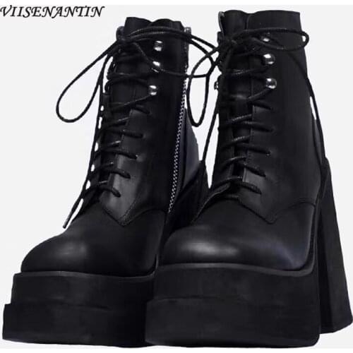 Autumn New Square Toe Thick Heel Side Zipper Black Shoes European Style Chunky Bottom Super High Heel Lace Up Knight Short Boots