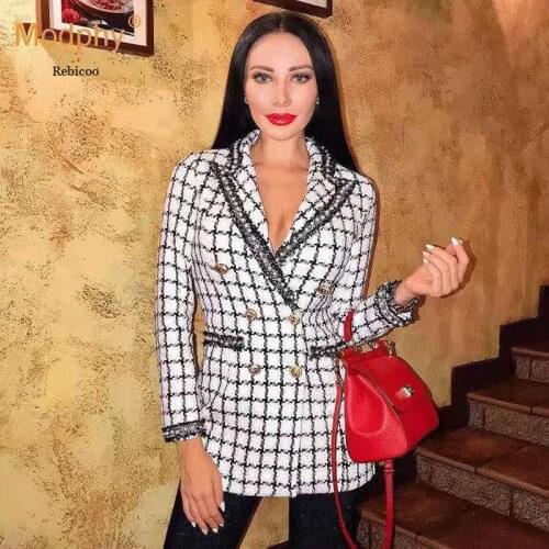 European American Women Nail Beads Design Classic Plaid Blazer Double Breasted Temperament Slim OL Suit Jacket