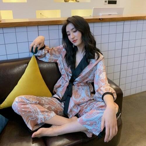 Sexy Notched Women Pajamas Set Full Sleeve&Pant Pyjamas Print Sleep Suit Sleepwear Nightwear Bride Dressing Kimono Bathrobe Gown