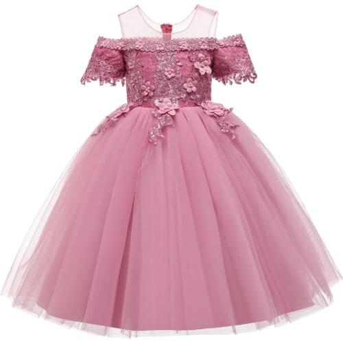 Birthday Dress Girls Elegant Princess Dress Wedding Evening Gown Lace Shoulder less Dress Party Children Clothing For 4-12 Age