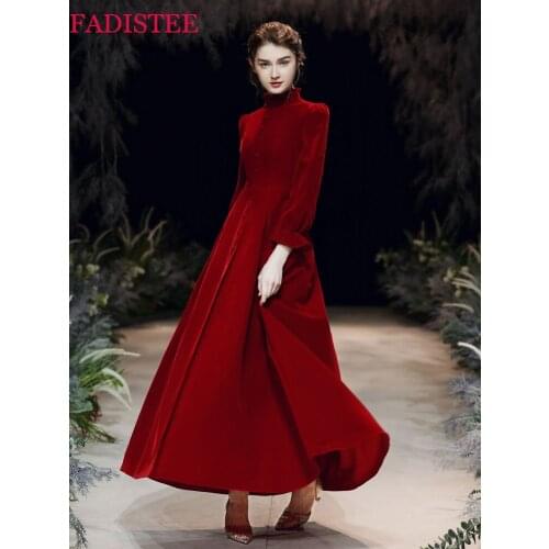 Burgundy Muslim Velour Prom Dresses Formal Evening Party Gowns Vestido De Festa Party Dresses robe de soiree long sleeves