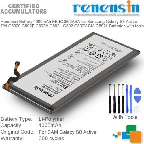 Renensin Battery 4000mAh EB-BG892ABA for Samsung Galaxy S8 Active SM-G8920 G892F G892A G892L G892 G892V SM-G892L Batteries with