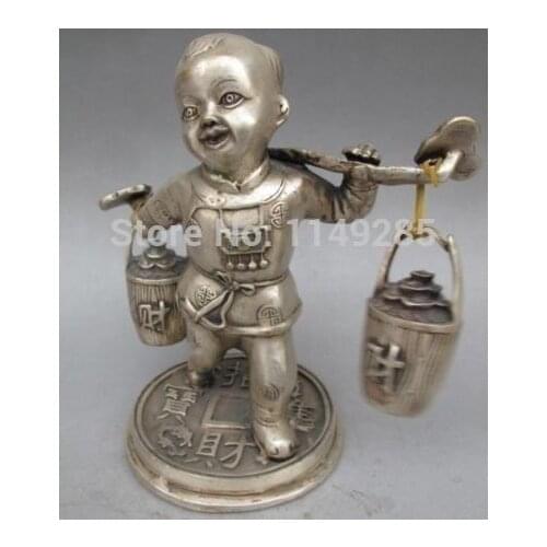 Christmas 7" Chinese Fengshui silver Wealth Boy Kid Ruyi carry a load Statue art sculpture halloween