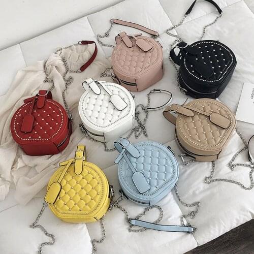 Bags of Women 2021 New PU Leather Solid Color Rhombic Rivet Small Round Bag Portable Messenger Bag Cross Body Bag Woman Bags