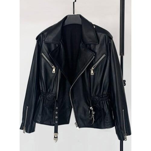 2020 spring new leather leather jacket female sheepskin locomotive short leather jacket elastic waist jacket was thin tide