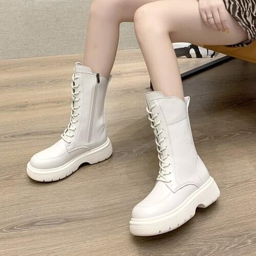 New Women Boots Mid Calf Boots Solid Color Lace Up Female Boots Platform Thick Heels Zipper Ladies Fashion Shoe Comfortable 2021