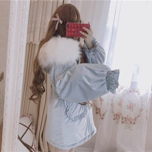 Winter sweet lolita coat quilted thicken fur collar gothic lolita overcoat puff sleeve pockets kawaii girl cotton-padded clothes