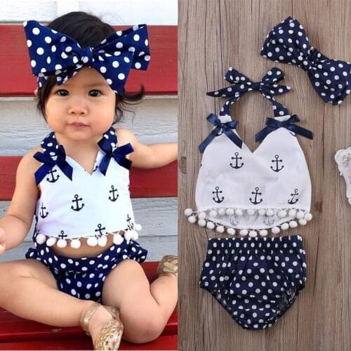 2020 Summer New Baby Girl 3 Pcs Swim Bikini Set Anchor Tops+Polka Dots Briefs Outfits Set Sunsuit Beachwear 0-2T