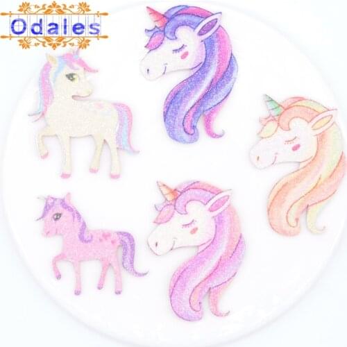 20Pcs/lot 4*6.5cm Glitter Fabric Appliques Colorful Unicorn Padded Patches for Clothes Stickers DIY Hair Clips Decoration