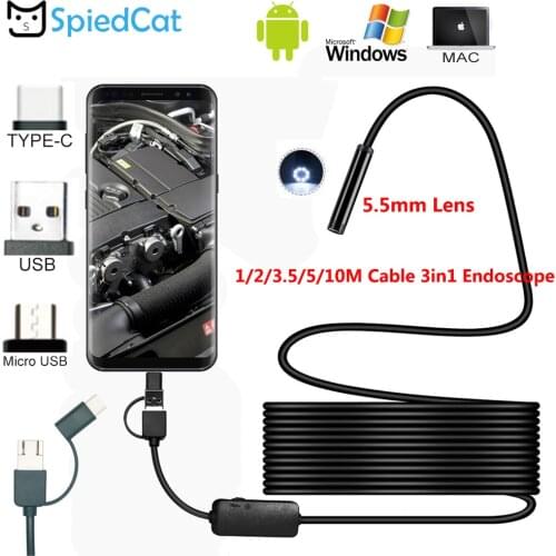 Borescope 5.5mm mini Lens Inspection Pipe Android 3in1 Endoscope 1/2/3.5/5/10M USB Type-c PC Cable Searching Thing Camera
