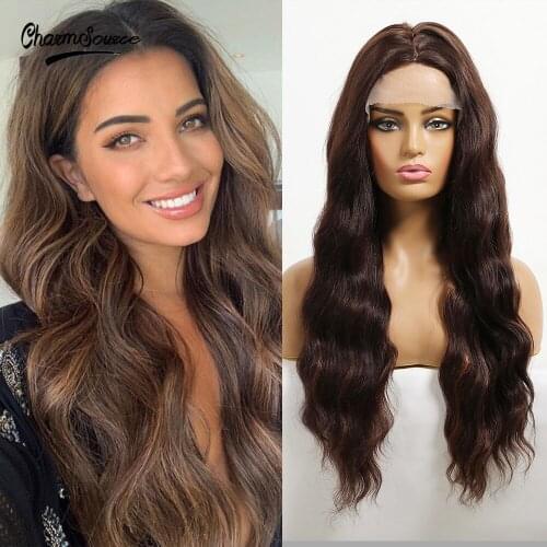 CharmSource Long Natural Wavy Wigs Lace Front Synthetic Wig Brown Ombre Blonde for Women Daily Party High Density Heat Resistant