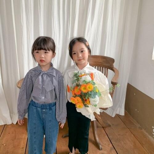 Childrens Shirt 2021 Autumn New Girl Cute Simple Solid Bow Collar Childrens Long Sleeve Casual Shirt Top Kids Clothing